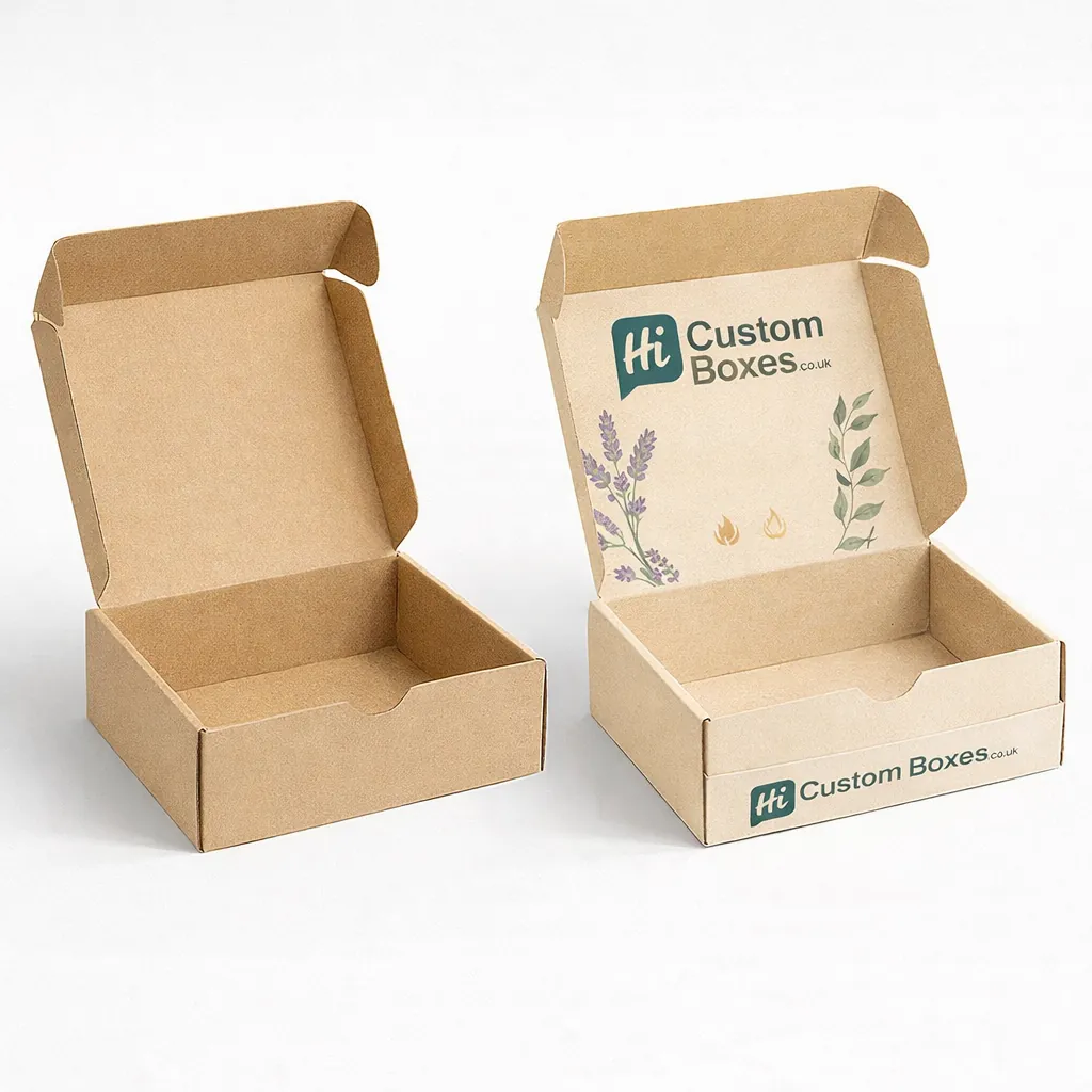 Two soy candle shipping boxes, one plain brown and one with elegant floral printed patterns. class=